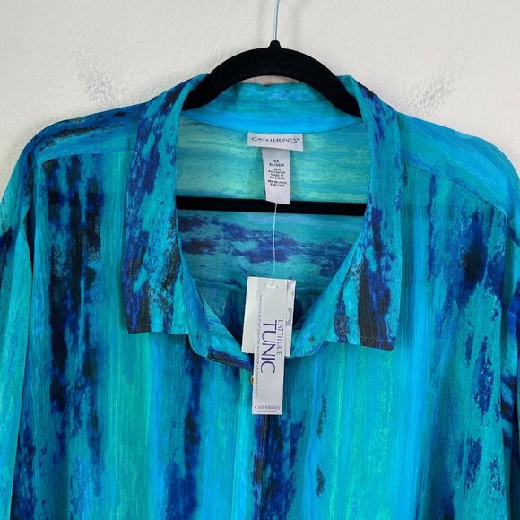 NEW Catherines Womens Plus 5X Button Up Tunic Top Mid Length Roll Tab Sleeve - Picture 2 of 11